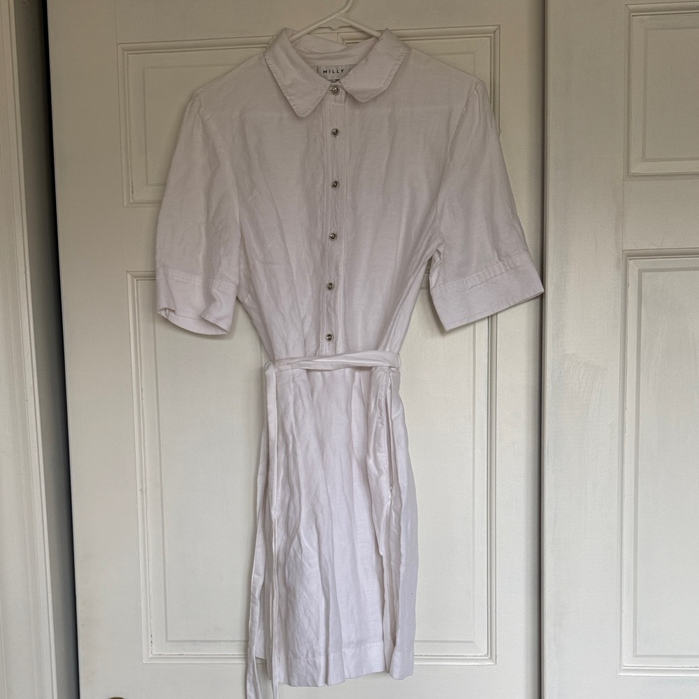 Milly White Linen tencel Button-Up Shirt Dress - Picture 2 of 9